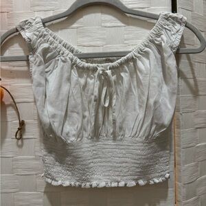 White Smocked Detail Women's Crop Top with Front Tie